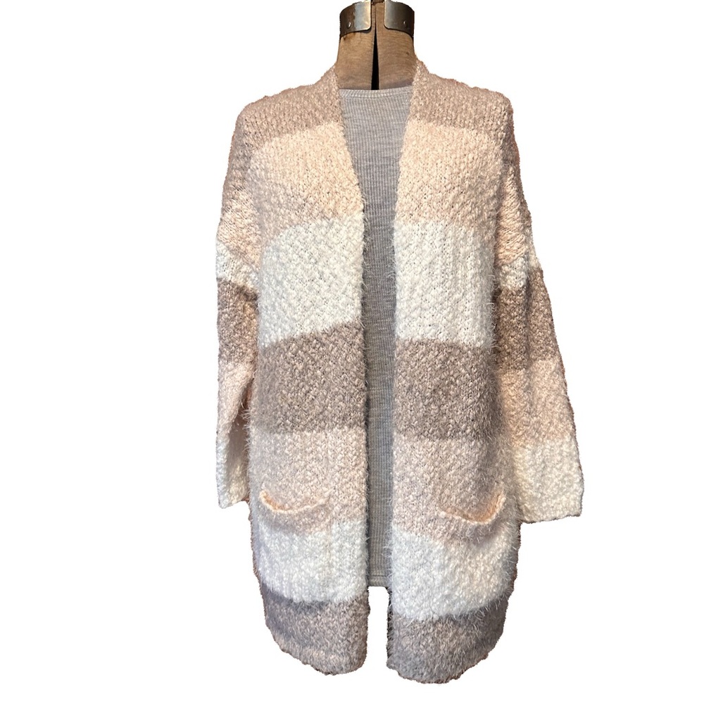 Venus Open Front Cardigan Wide Stripe In Soft Neutrals, Pockets, Very Soft